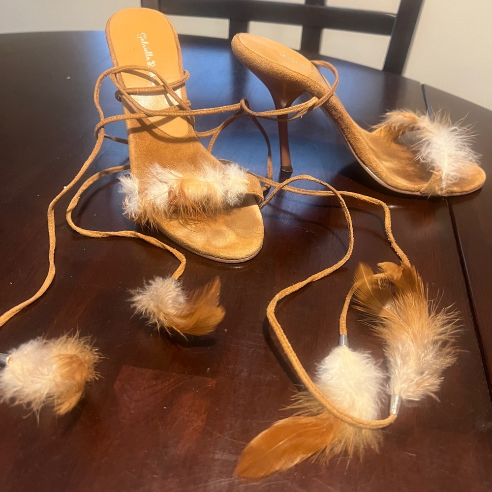 Suede wrap heels with feather detailing